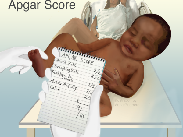 an illustration of a baby and a nurse's hand holding an Apgar score
